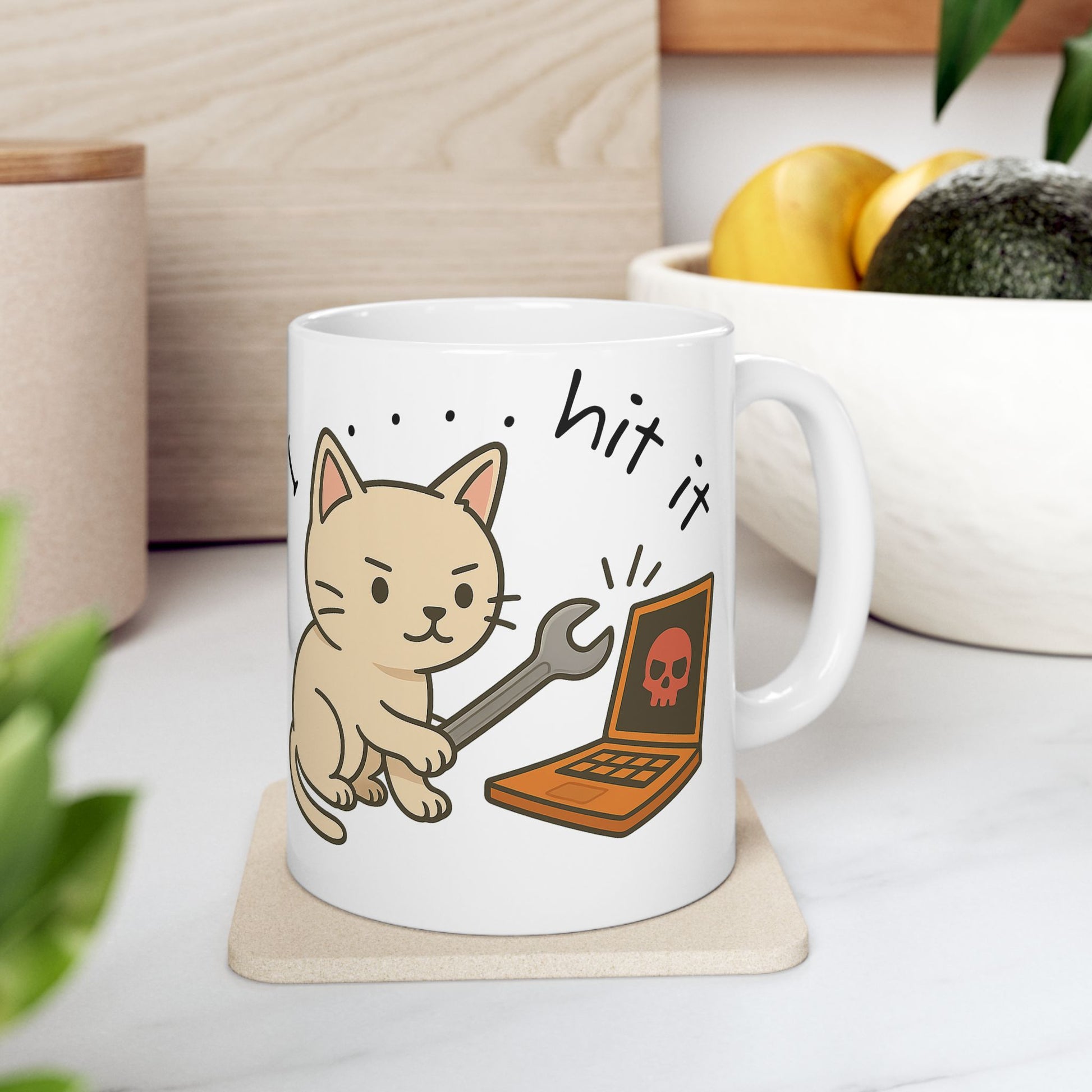 “What if I… hit it?” – Alternate Design Mug for Tech Cats with Troubleshooting Tendencies